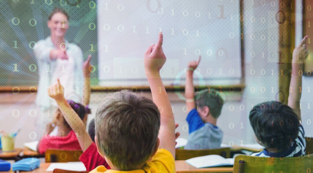Schoolchildren raising their hands in class, overlaid with binary digits