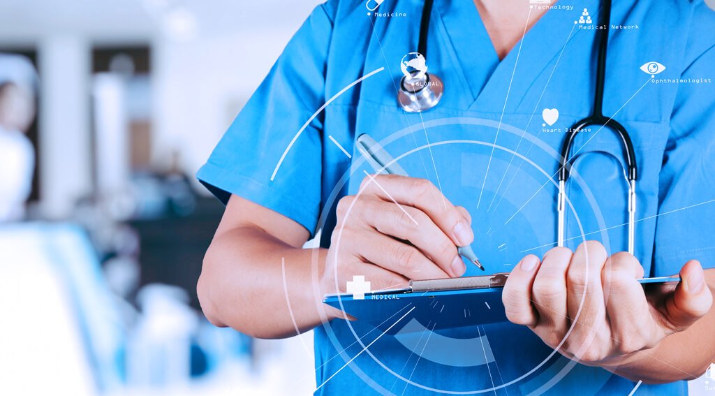 Clinician in scrubs writing on a chart, overlaid with a medical data network graphic