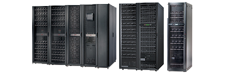 A row of enterprise UPS cabinets protecting data center power